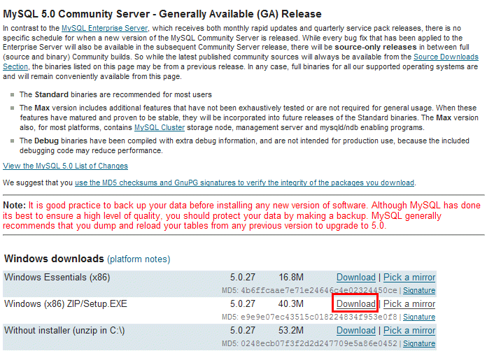 MySQL 5.0 Community Server download
